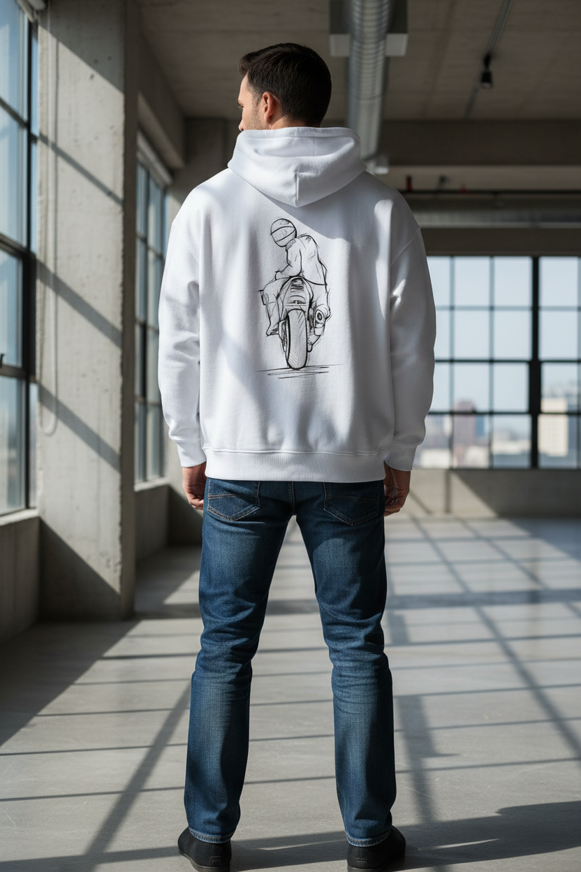 Men's Oversized Graphic Hoodie - Sketch Rider Back Print - Heavyweight Cotton
