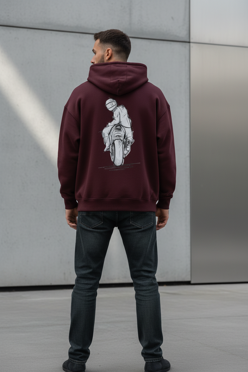 Men's Oversized Graphic Hoodie - Sketch Rider Back Print - Heavyweight Cotton