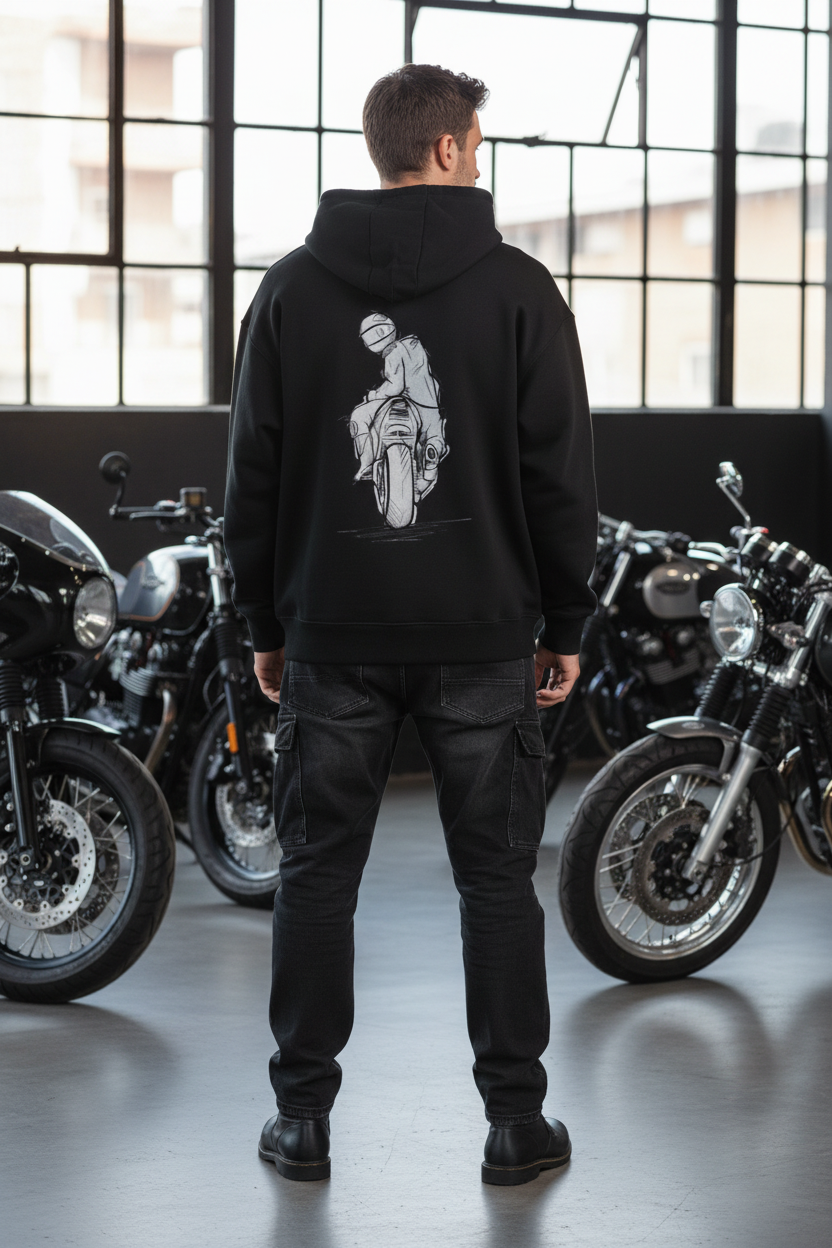 Men's Oversized Graphic Hoodie - Sketch Rider Back Print - Heavyweight Cotton