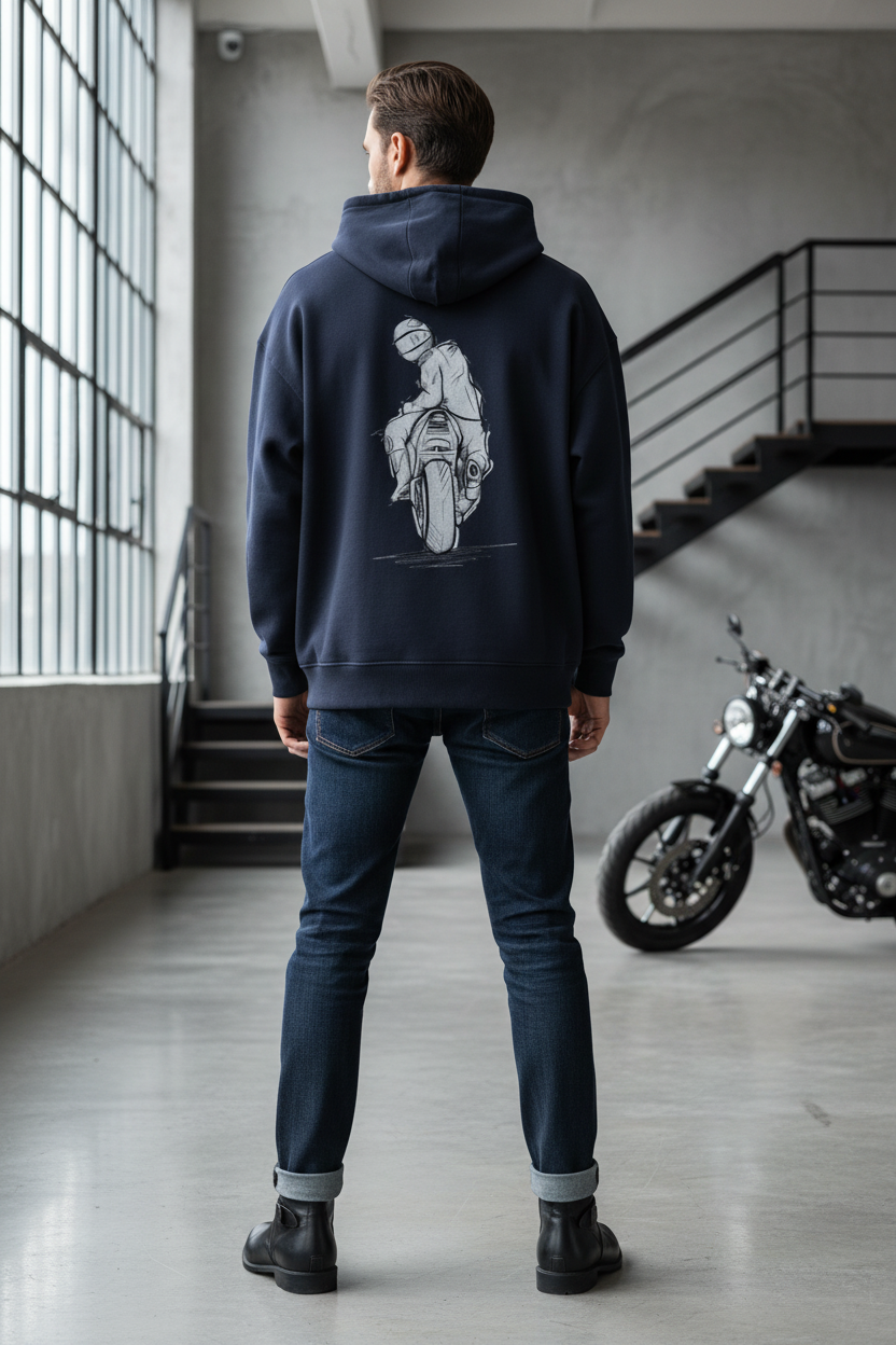 Men's Oversized Graphic Hoodie - Sketch Rider Back Print - Heavyweight Cotton