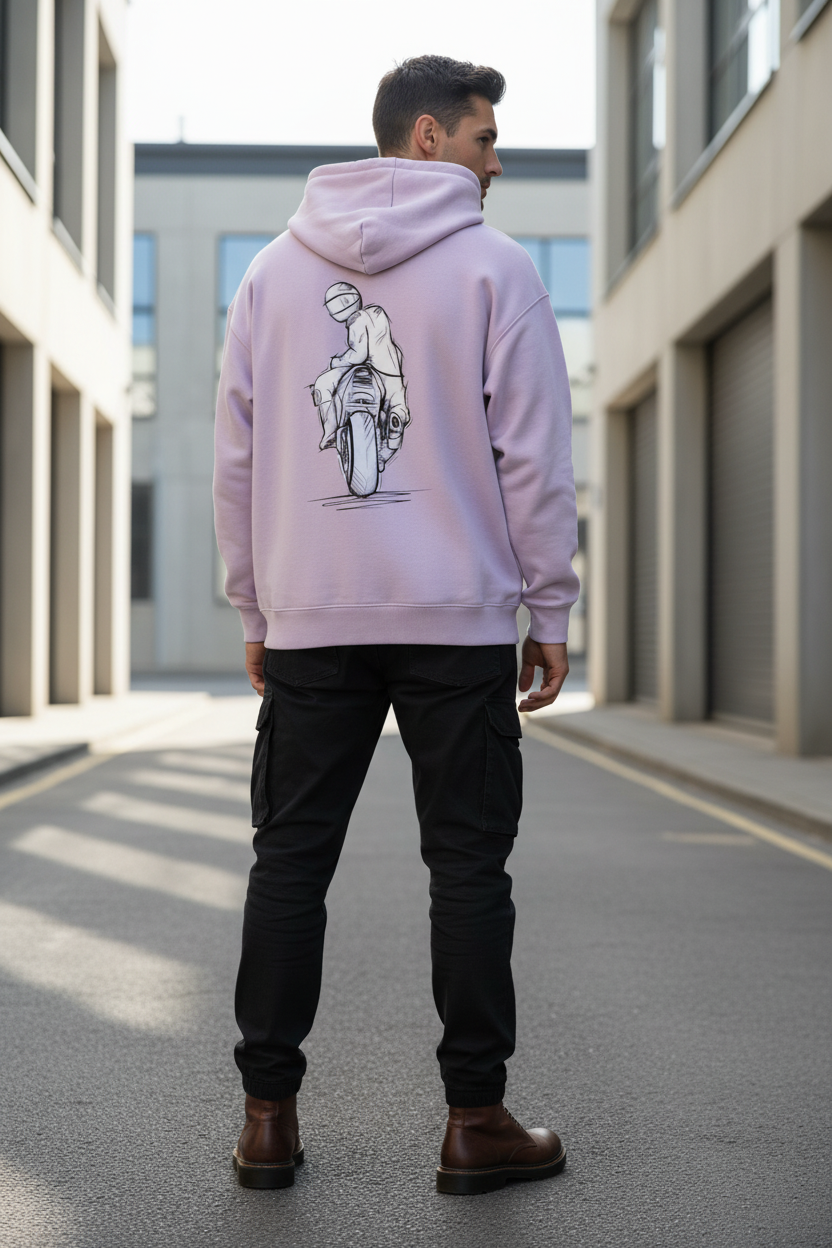 Men's Oversized Graphic Hoodie - Sketch Rider Back Print - Heavyweight Cotton