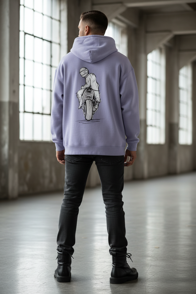 Men's Oversized Graphic Hoodie - Sketch Rider Back Print - Heavyweight Cotton
