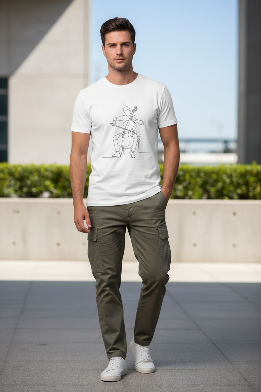 Minimalist Cello Player One-Line Art T-Shirt | 100% Supima Cotton Product