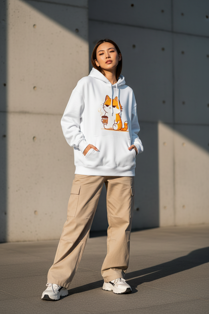 Grumpy Cat Coffee Oversized Hoodie - 100% Cotton Heavyweight Streetwear