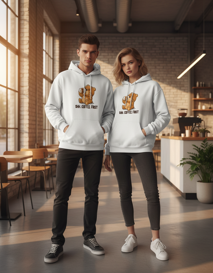 Unisex Regular Fit Cute Bear Coffee Quote 300 GSM Fleece Hoodie