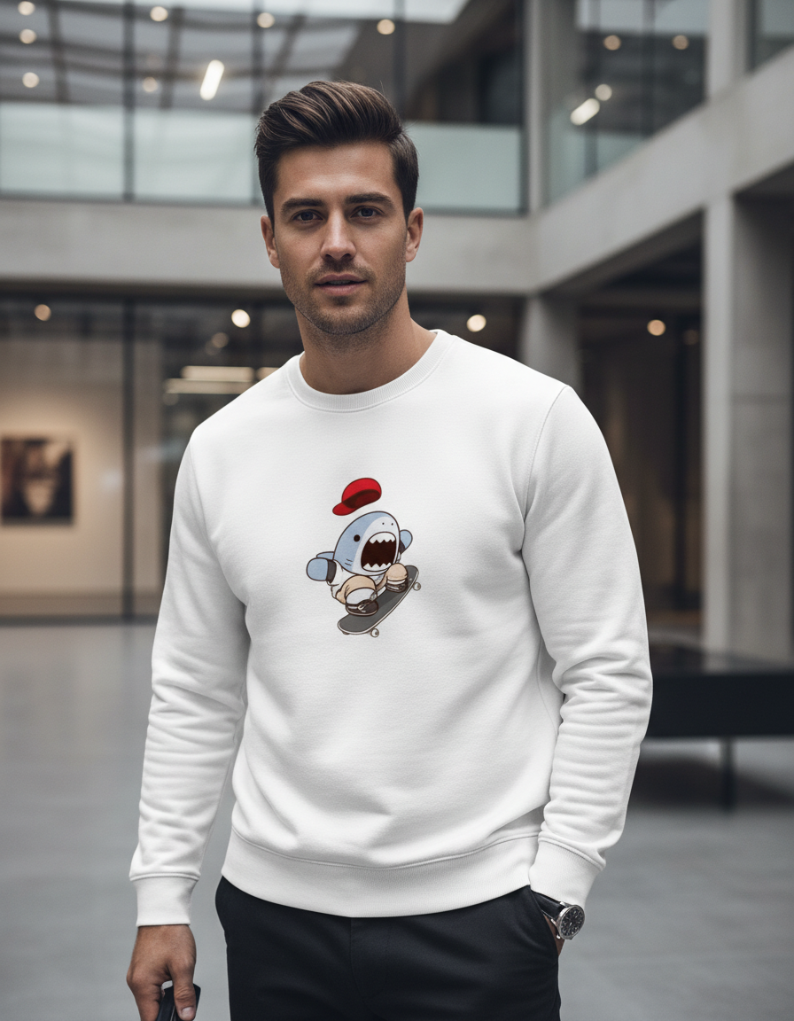 Skater Shark Graphic Crewneck | Cute Streetwear 300 GSM Cotton Fleece