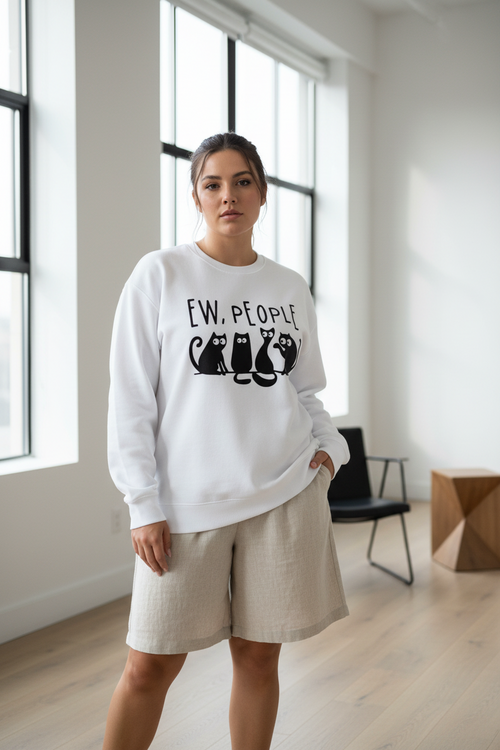 "Ew, People" Oversized Sweatshirt - Funny Cat Introvert Graphic - 400 GSM