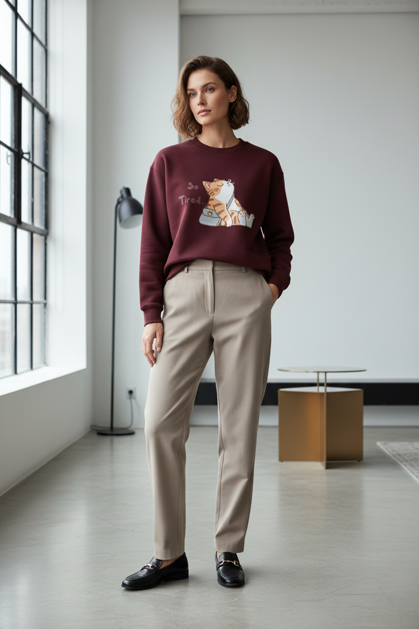 "So Tired" Cute Cat Oversized Sweatshirt – Heavyweight 400 GSM Unisex Pullover – Relatable Aesthetic Cat Graphic Crewneck