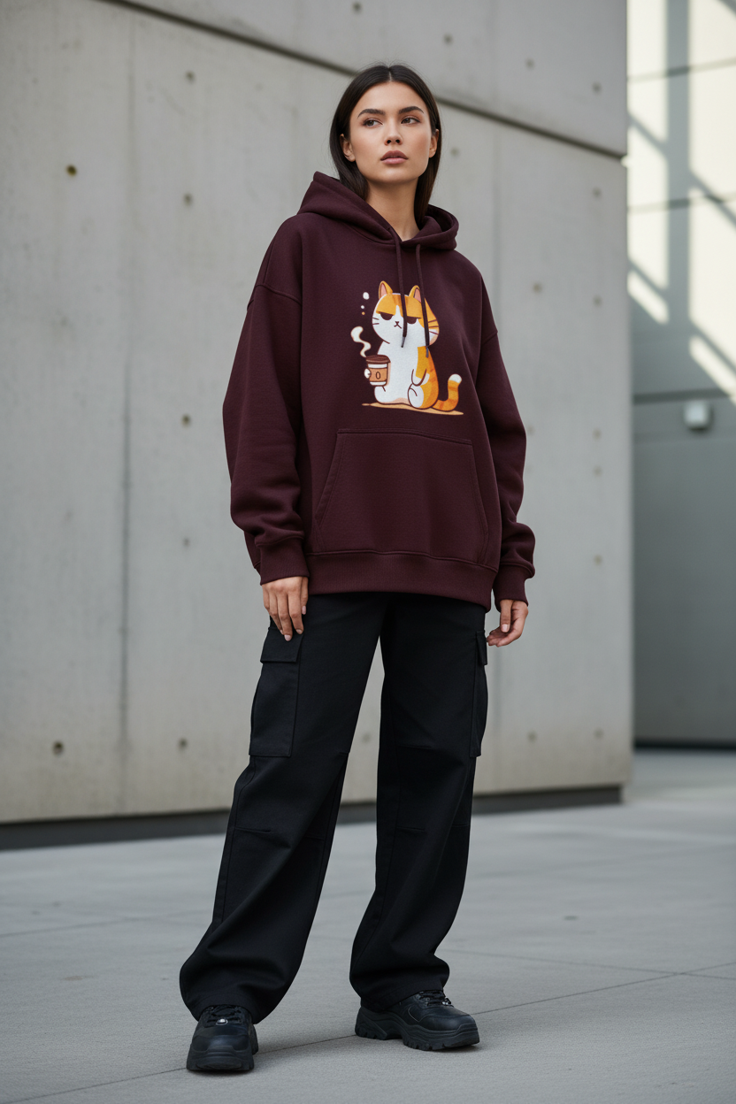 Grumpy Cat Coffee Oversized Hoodie - 100% Cotton Heavyweight Streetwear