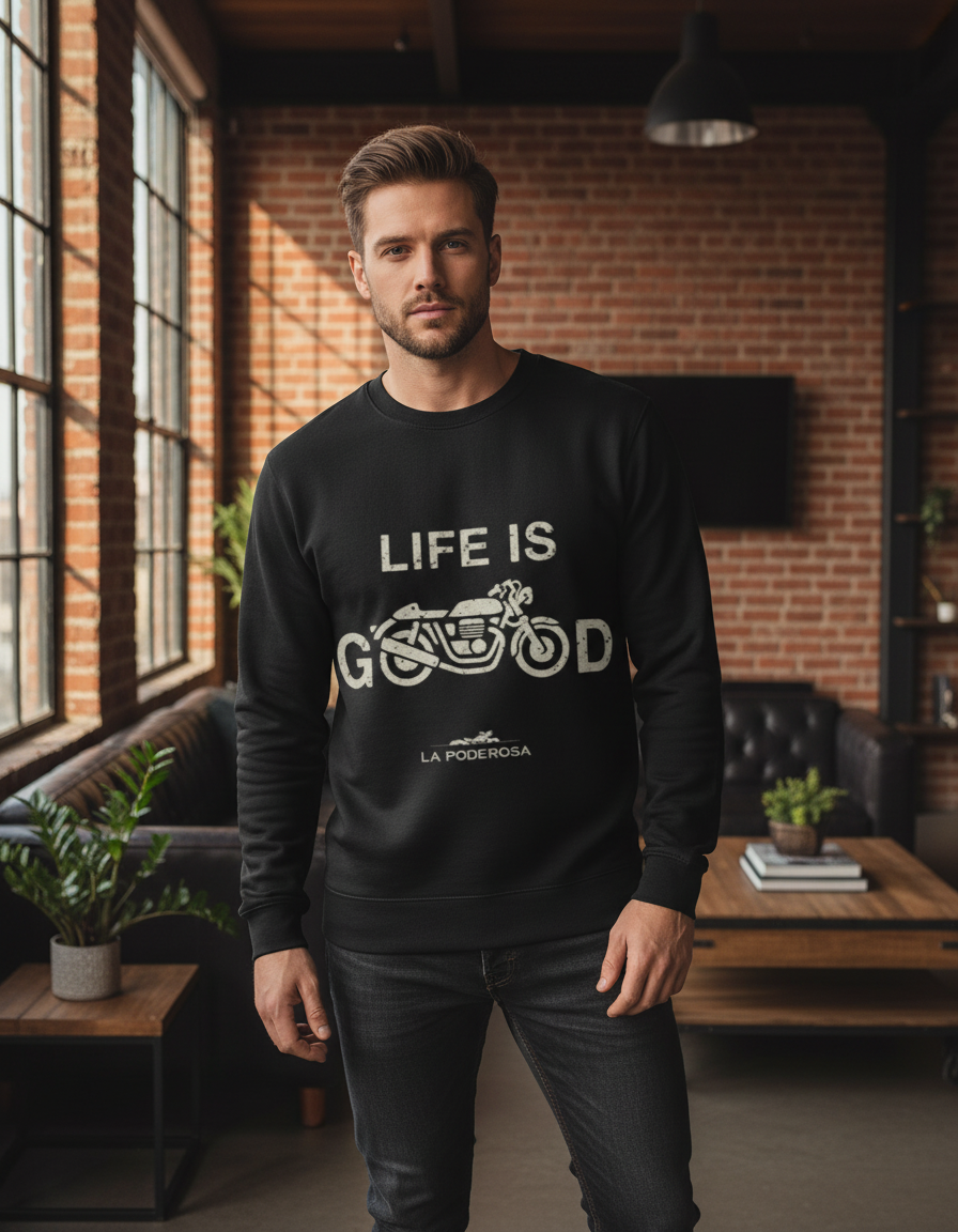 Vintage Motorcycle Graphic Sweatshirt | "LIFE IS G O O D" Biker 300 GSM Fleece
