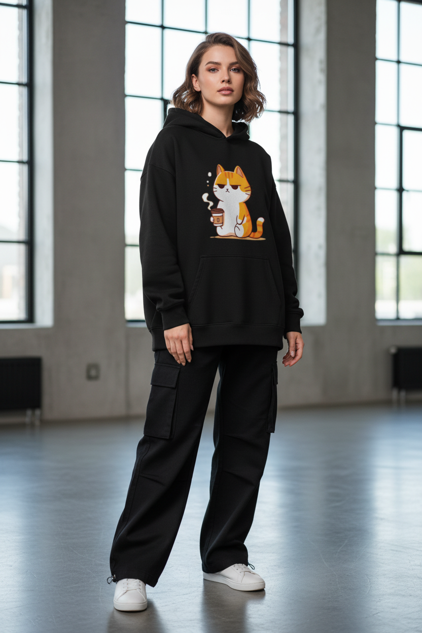 Grumpy Cat Coffee Oversized Hoodie - 100% Cotton Heavyweight Streetwear