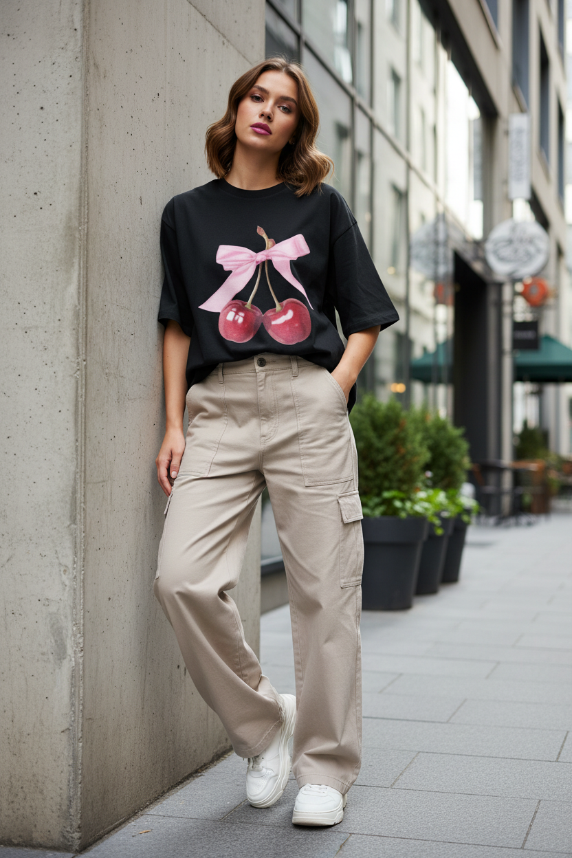 R27 Cherry Bow Oversized T-Shirt - Heavyweight 240 GSM 100% Cotton