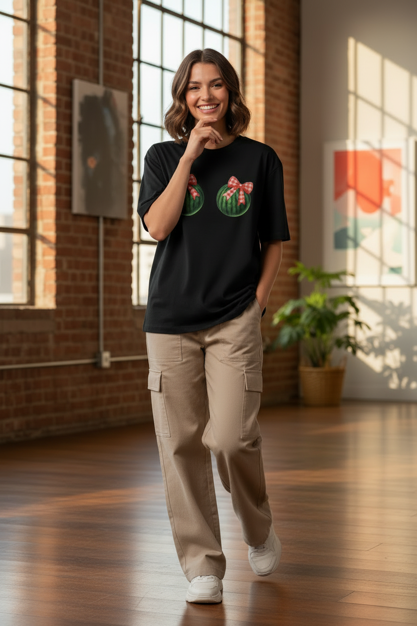 Watermelon Bow Oversized Graphic Tee | 240 GSM Heavyweight Cotton - Women's