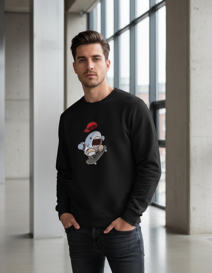 Skater Shark Graphic Crewneck | Cute Streetwear 300 GSM Cotton Fleece