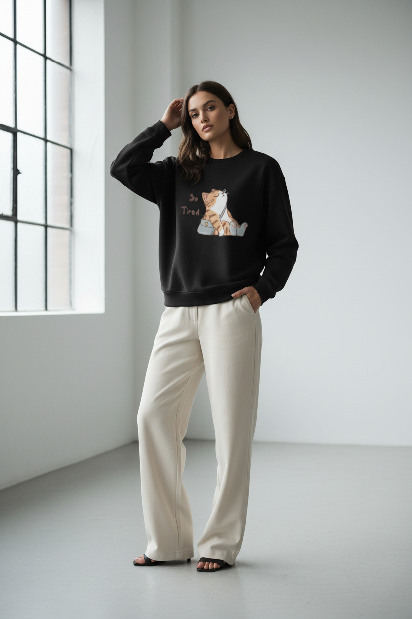 "So Tired" Cute Cat Oversized Sweatshirt – Heavyweight 400 GSM Unisex Pullover – Relatable Aesthetic Cat Graphic Crewneck