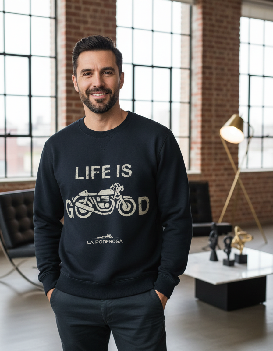 Vintage Motorcycle Graphic Sweatshirt | "LIFE IS G O O D" Biker 300 GSM Fleece