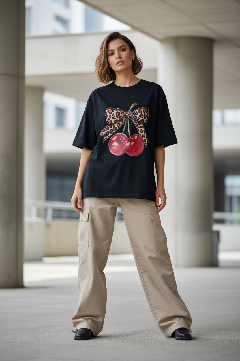 Leopard Bow Cherry Oversized Graphic T-Shirt | 240 GSM Heavyweight Cotton Streetwear