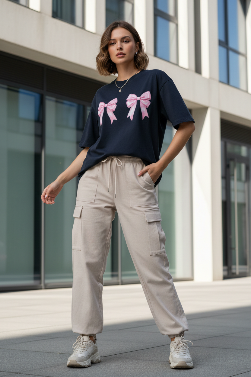 Women’s Pink Bow Coquette Oversized T-Shirt - Heavyweight 240 GSM Premium Cotton