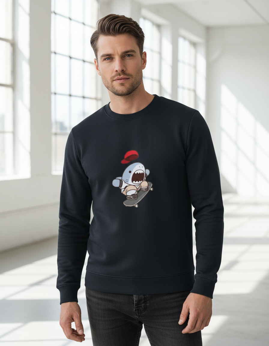 Skater Shark Graphic Crewneck | Cute Streetwear 300 GSM Cotton Fleece