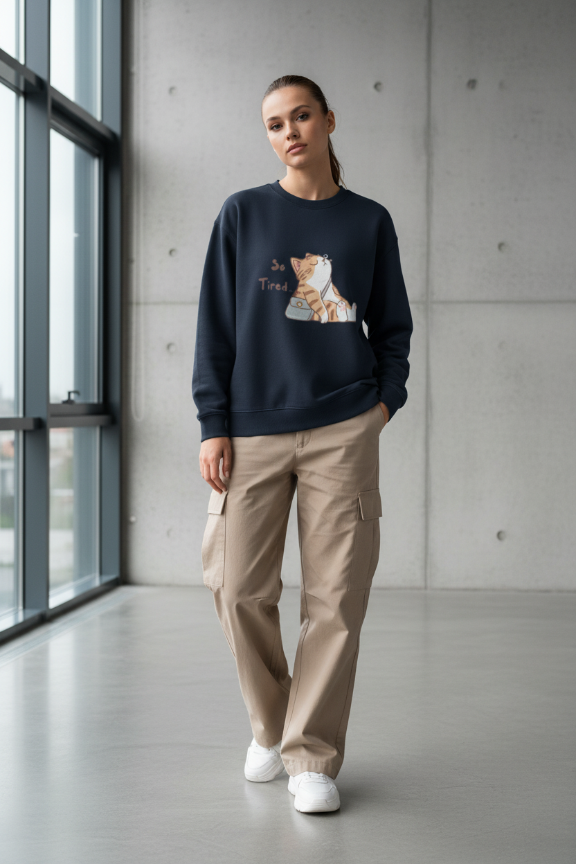 "So Tired" Cute Cat Oversized Sweatshirt – Heavyweight 400 GSM Unisex Pullover – Relatable Aesthetic Cat Graphic Crewneck