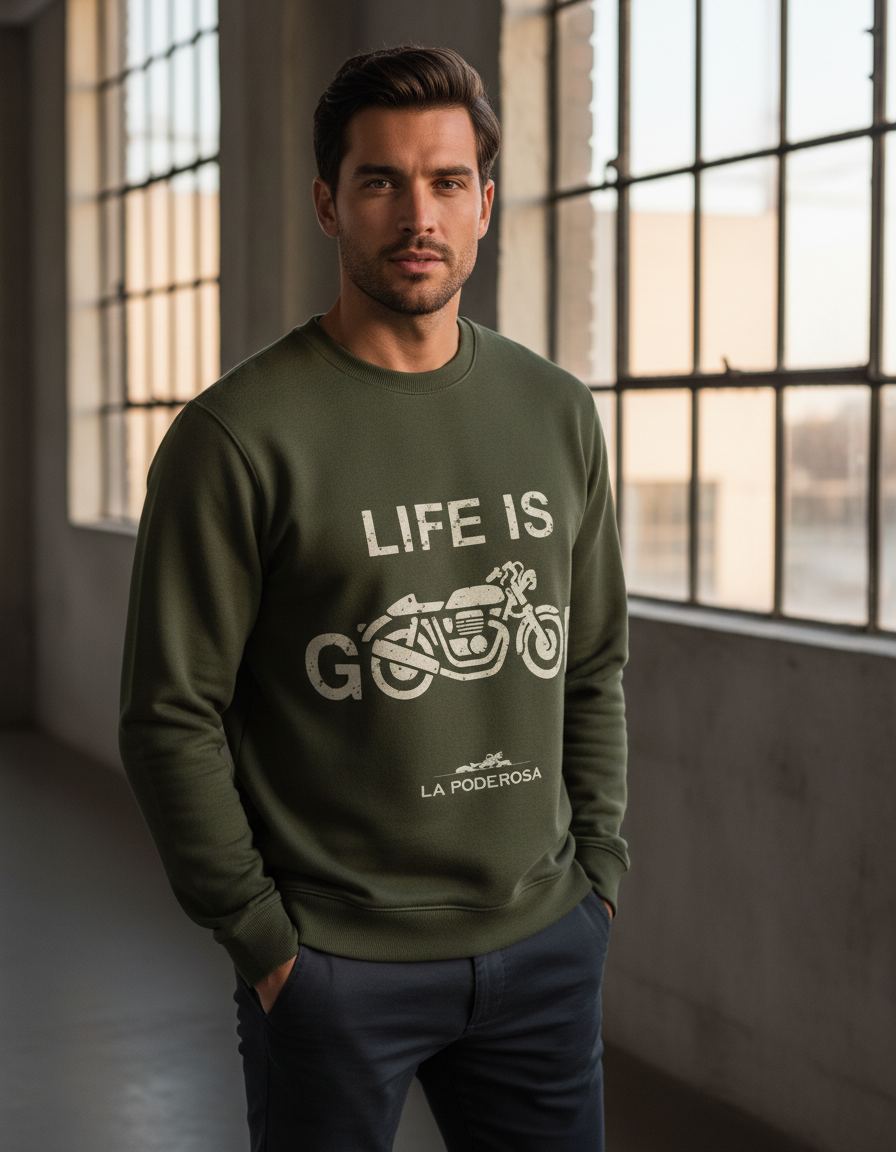Vintage Motorcycle Graphic Sweatshirt | "LIFE IS G O O D" Biker 300 GSM Fleece