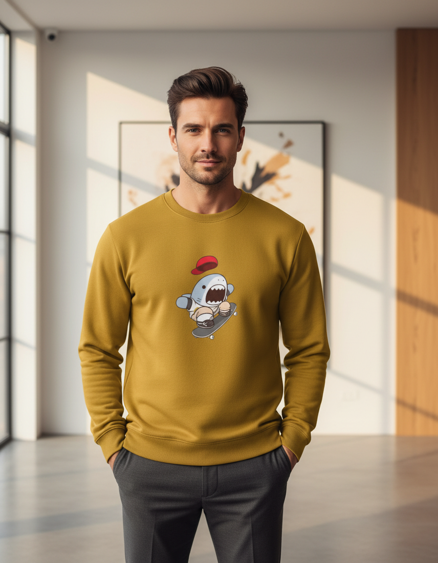 Skater Shark Graphic Crewneck | Cute Streetwear 300 GSM Cotton Fleece