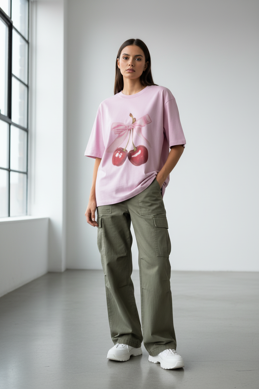 R27 Cherry Bow Oversized T-Shirt - Heavyweight 240 GSM 100% Cotton