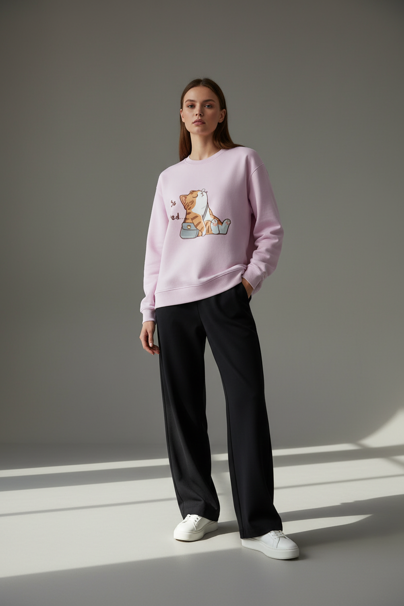 "So Tired" Cute Cat Oversized Sweatshirt – Heavyweight 400 GSM Unisex Pullover – Relatable Aesthetic Cat Graphic Crewneck