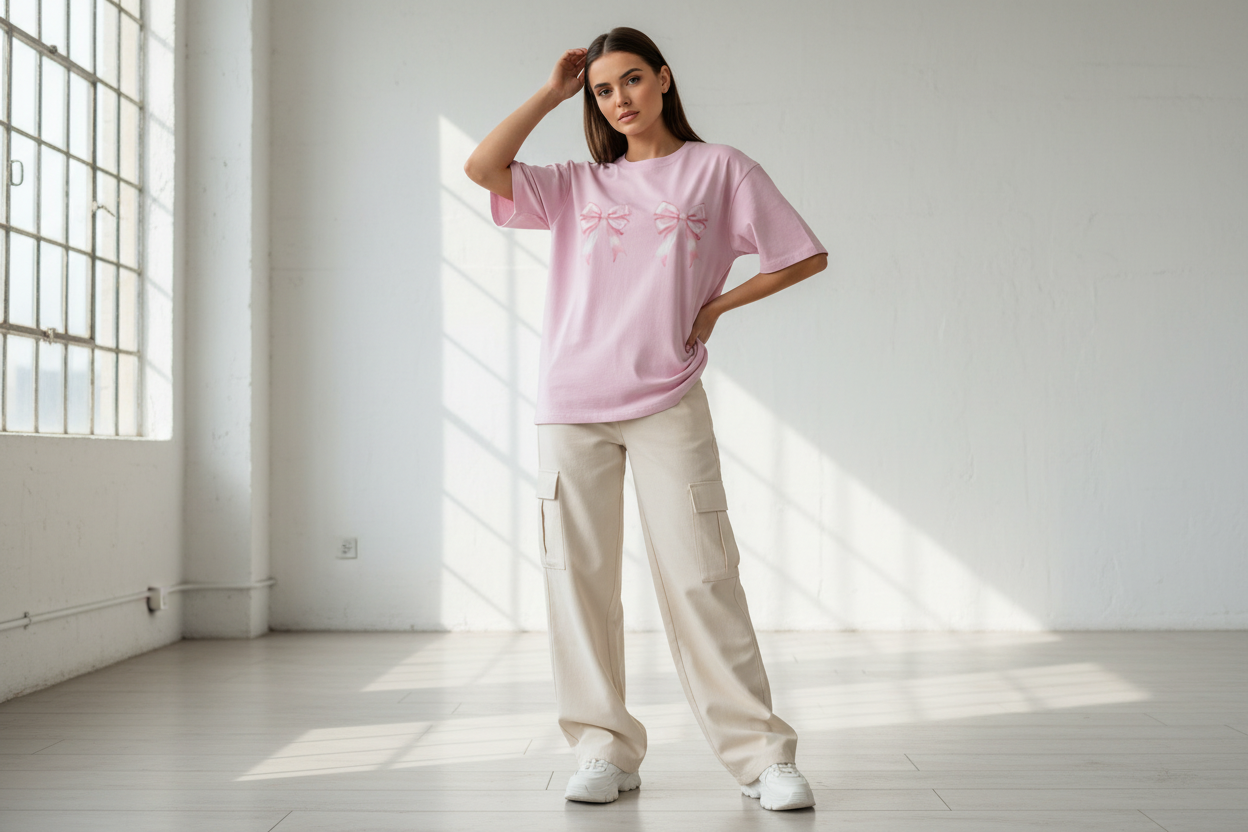 Women’s Pink Bow Coquette Oversized T-Shirt - Heavyweight 240 GSM Premium Cotton