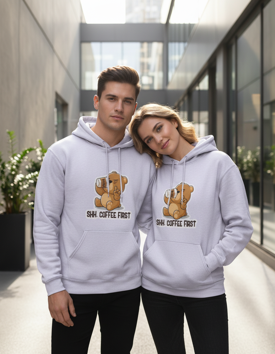Unisex Regular Fit Cute Bear Coffee Quote 300 GSM Fleece Hoodie