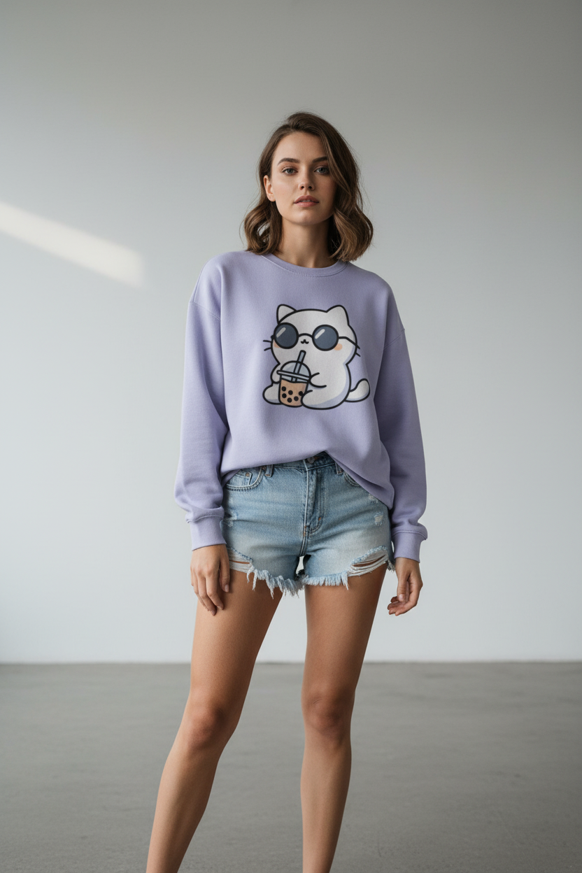 Cool Cat Boba Tea Graphic Oversized Sweatshirt | Heavyweight 400 GSM Crewneck for Women