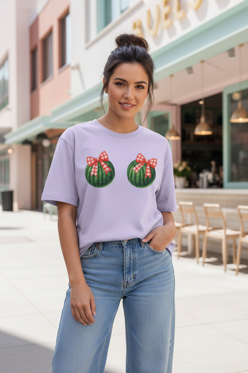 Watermelon Bow Oversized Graphic Tee | 240 GSM Heavyweight Cotton - Women's