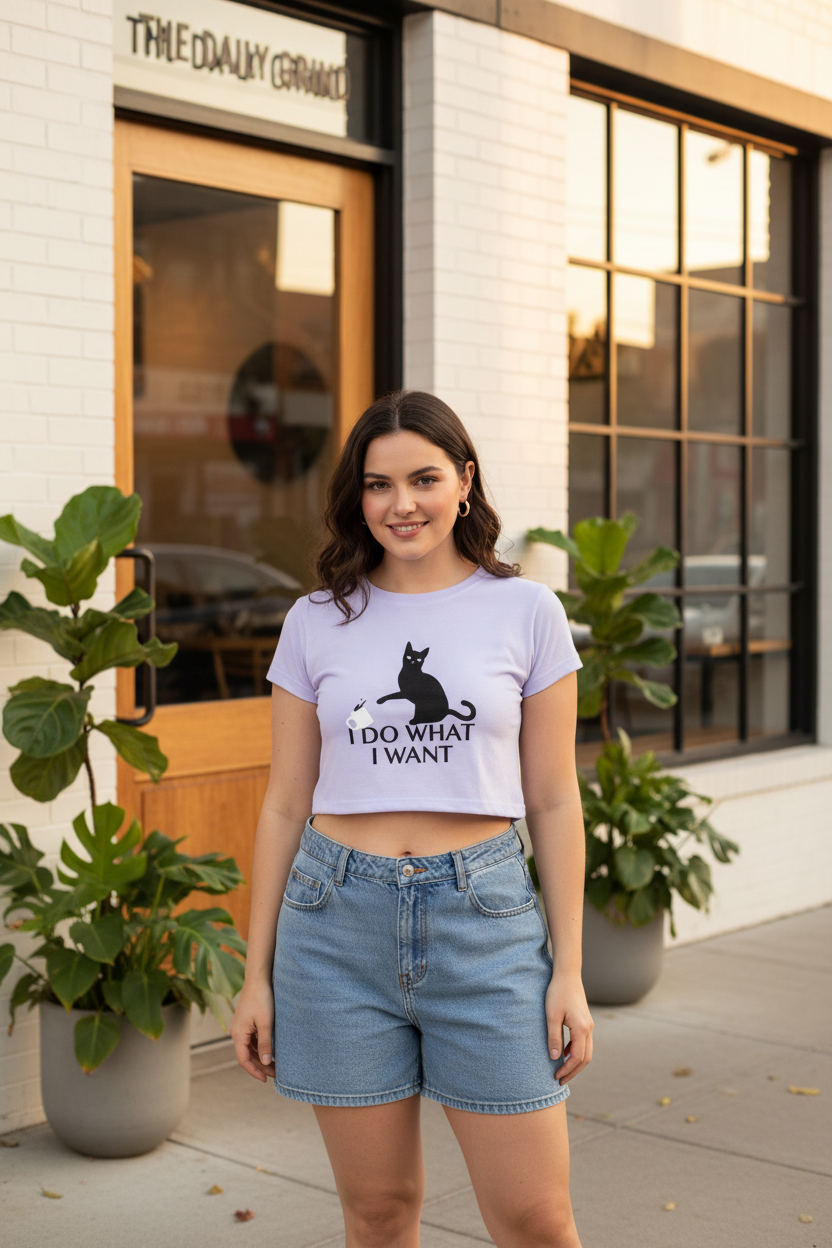 Women's "I Do What I Want" Cat Graphic Crop Top - 100% Cotton 180 GSM