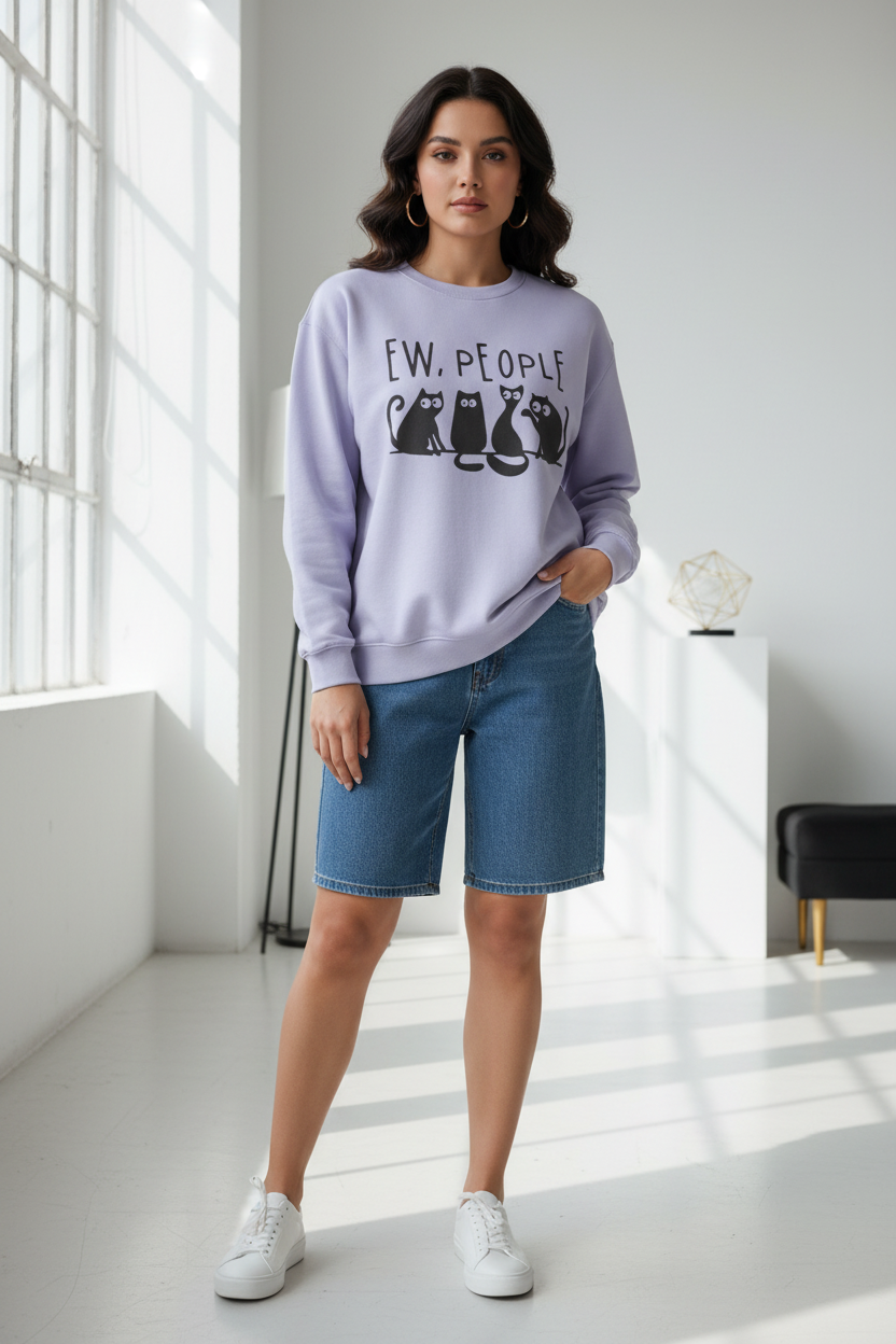 "Ew, People" Oversized Sweatshirt - Funny Cat Introvert Graphic - 400 GSM