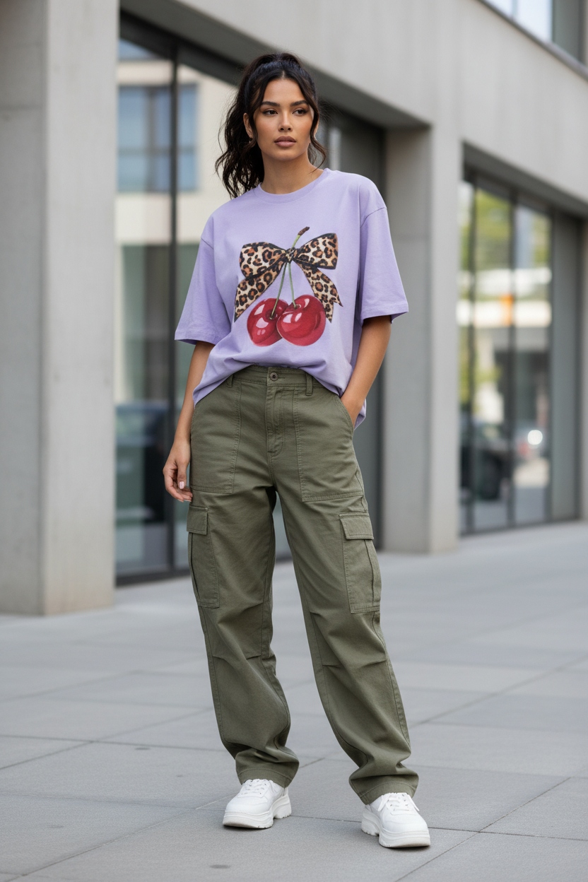 Leopard Bow Cherry Oversized Graphic T-Shirt | 240 GSM Heavyweight Cotton Streetwear