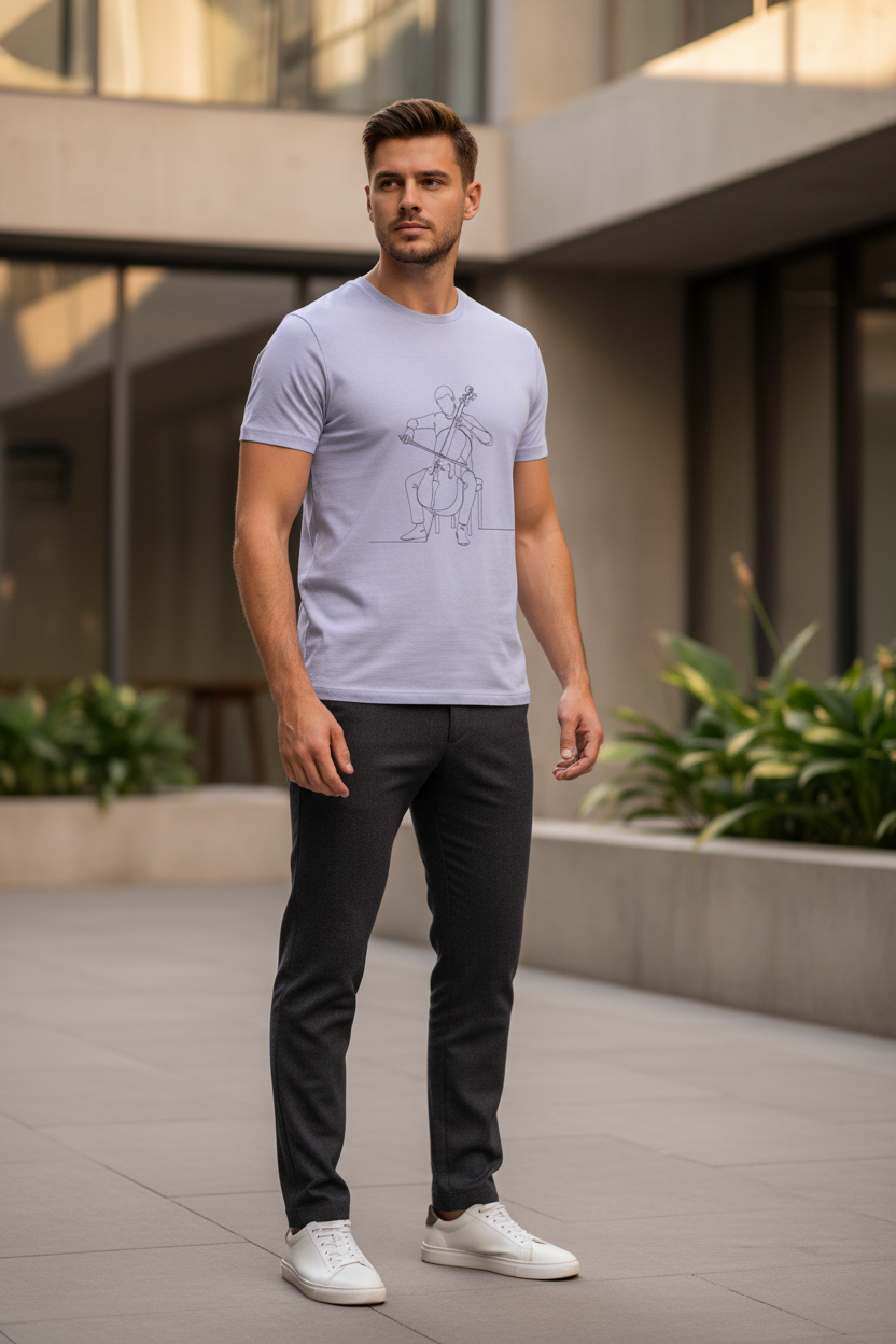 Minimalist Cello Player One-Line Art T-Shirt | 100% Supima Cotton Product