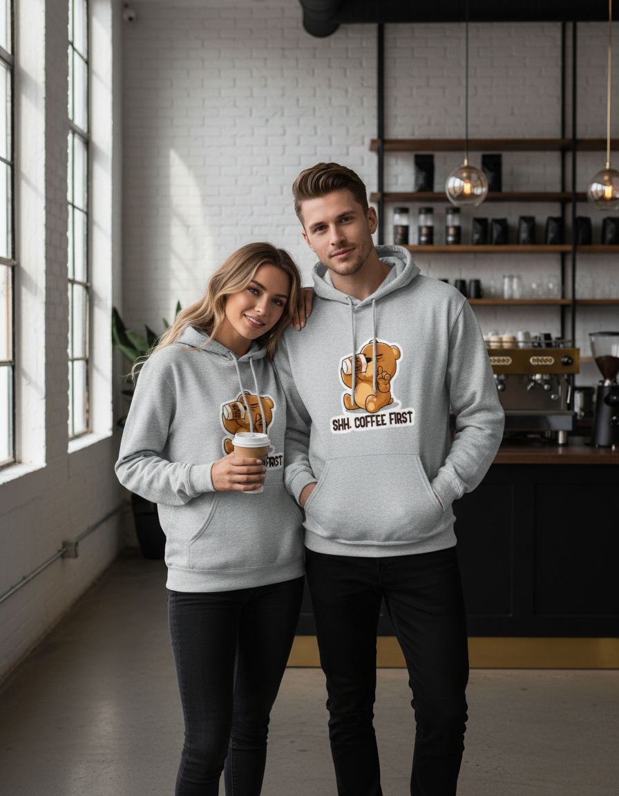 Unisex Regular Fit Cute Bear Coffee Quote 300 GSM Fleece Hoodie