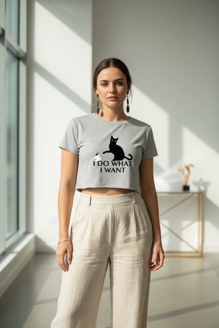Women's "I Do What I Want" Cat Graphic Crop Top - 100% Cotton 180 GSM