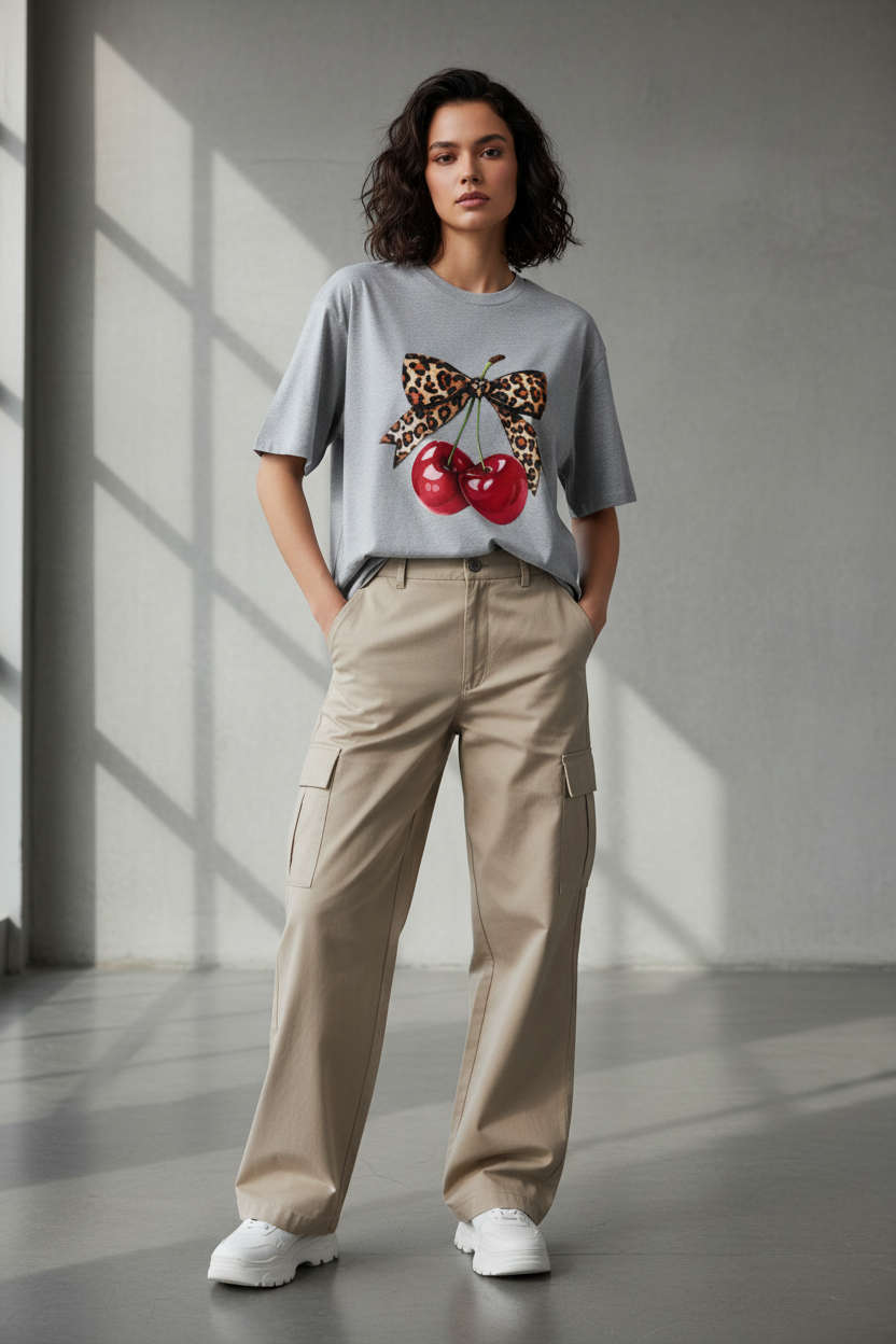 Leopard Bow Cherry Oversized Graphic T-Shirt | 240 GSM Heavyweight Cotton Streetwear
