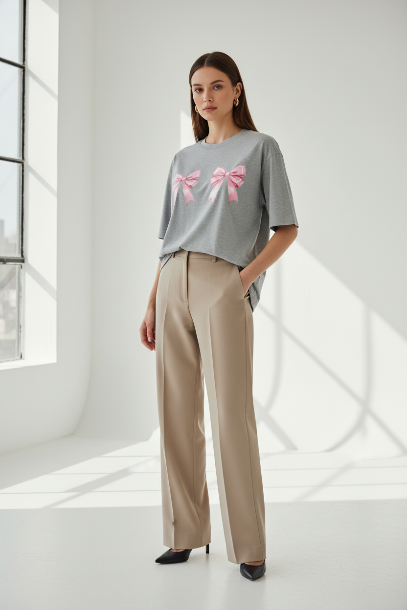 Women’s Pink Bow Coquette Oversized T-Shirt - Heavyweight 240 GSM Premium Cotton