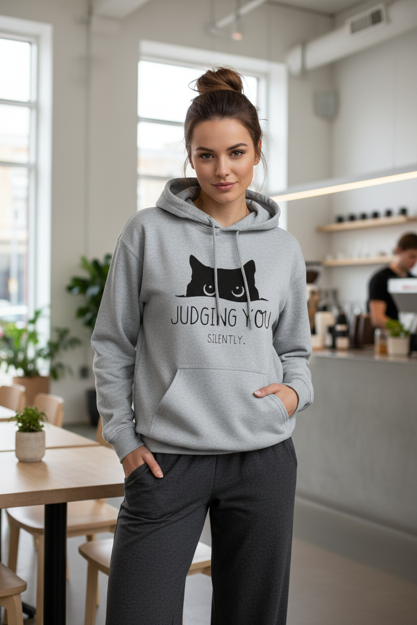 Women's "Judging You Silently" Cat Hoodie - 100% Cotton 300 GSM Fleece
