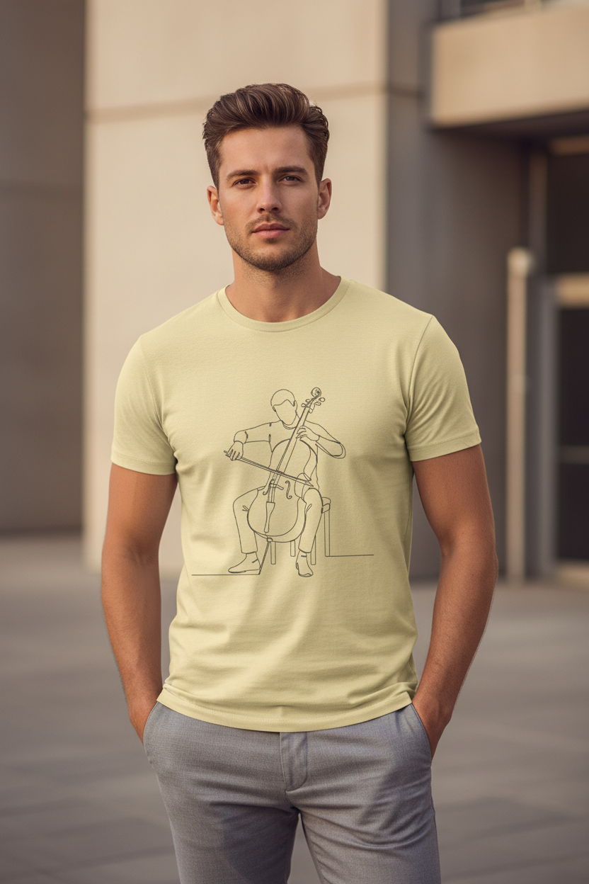 Minimalist Cello Player One-Line Art T-Shirt | 100% Supima Cotton Product