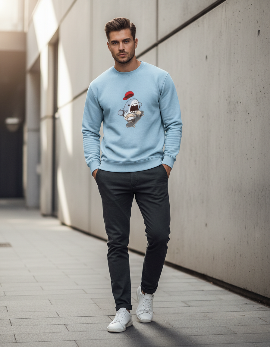 Skater Shark Graphic Crewneck | Cute Streetwear 300 GSM Cotton Fleece