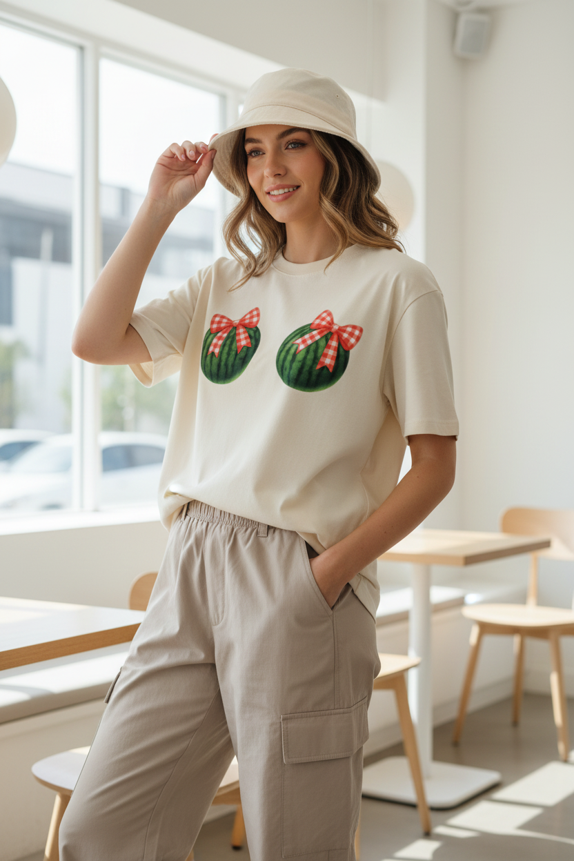 Watermelon Bow Oversized Graphic Tee | 240 GSM Heavyweight Cotton - Women's