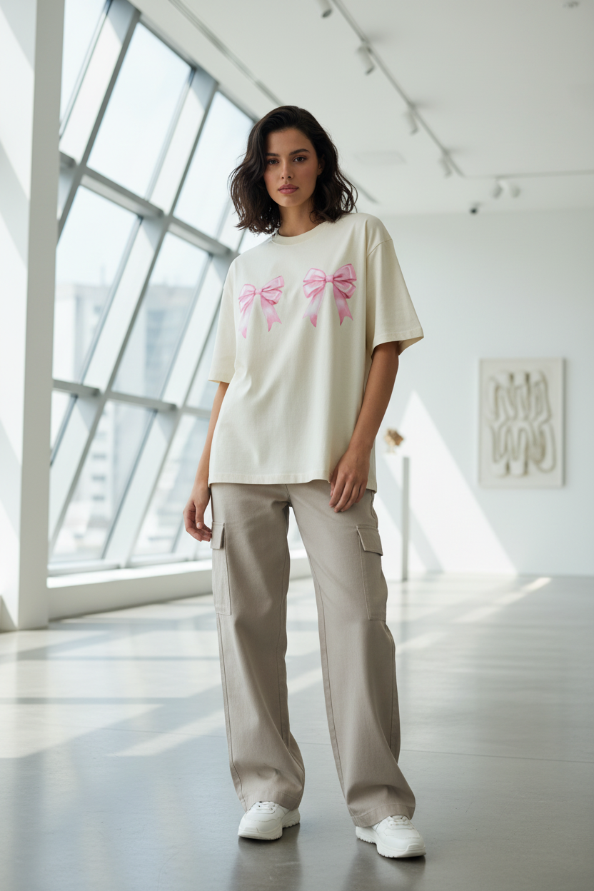 Women’s Pink Bow Coquette Oversized T-Shirt - Heavyweight 240 GSM Premium Cotton