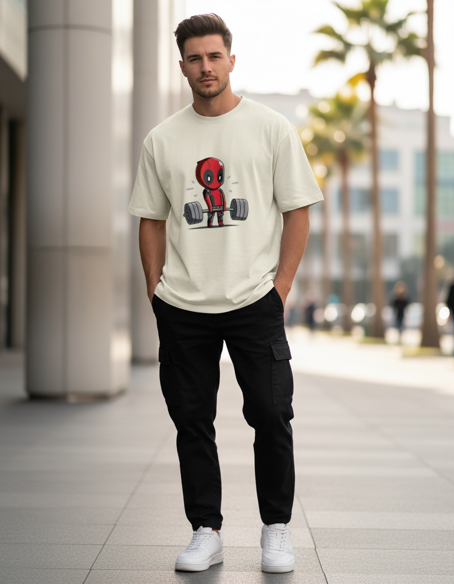 Oversized Chibi Deadpool Deadlift T-Shirt | Gym & Comic Streetwear